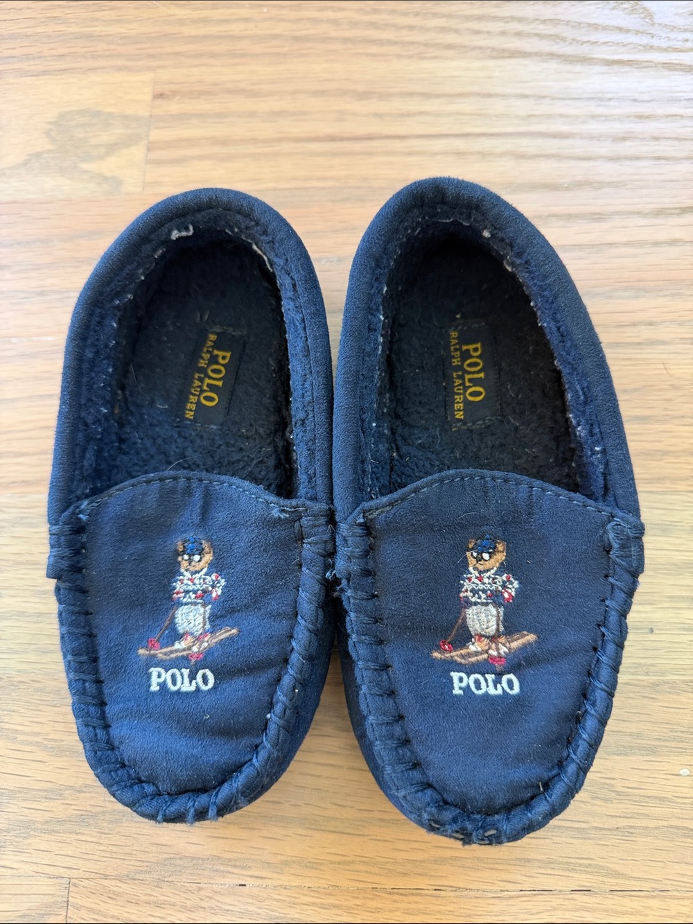 Polo Ralph Lauren Polo Bear Ski Bear Moccasin Slippers Navy Blue Embroidered